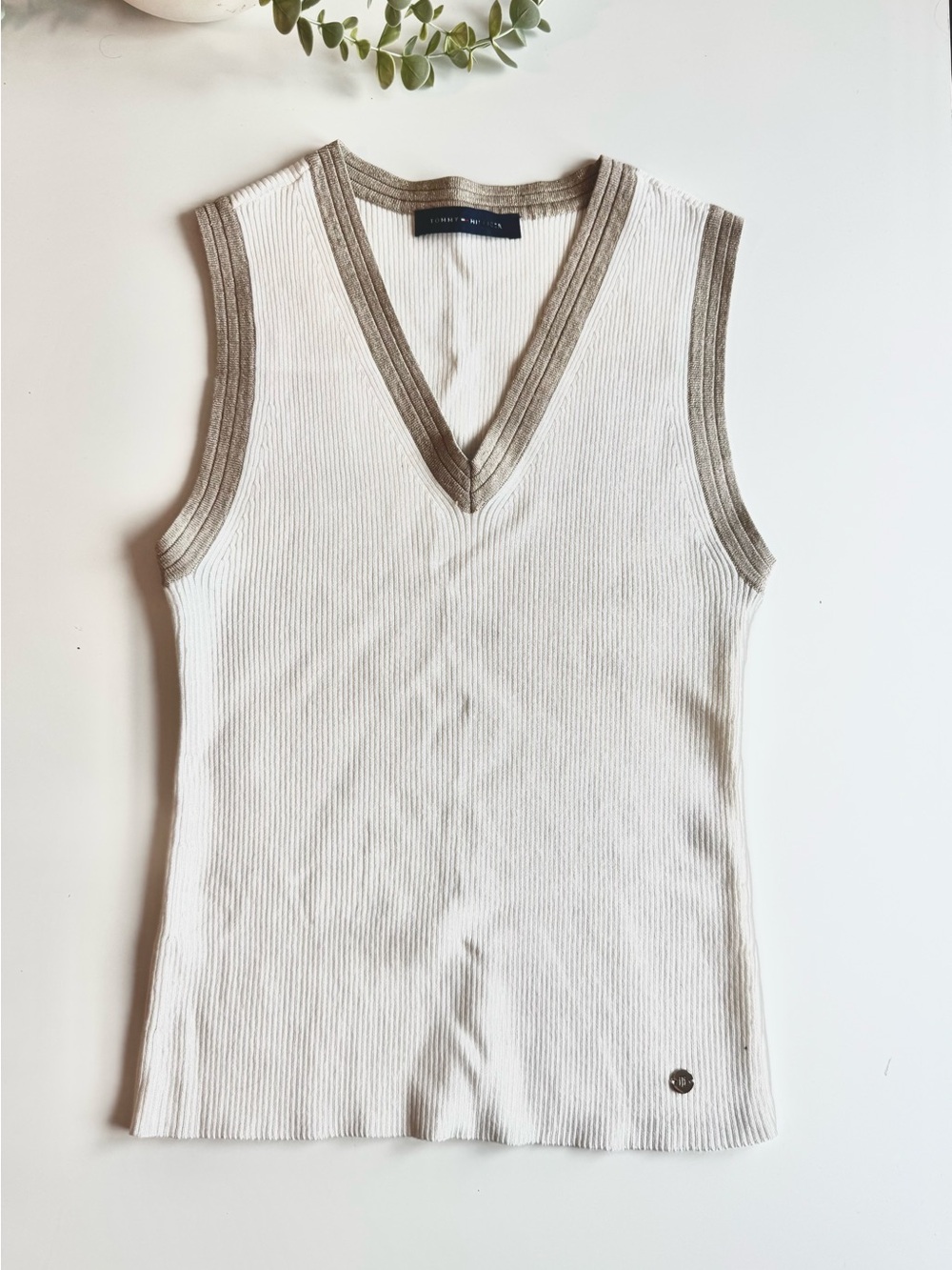 Tommy Hilfiger White Ribbed V-Neck Tank with Taupe Trim